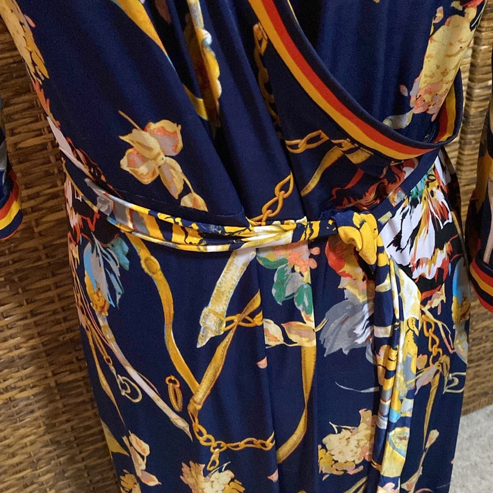 EUC Mlle Gabrielle blue golden yellow red three quarter sleeve maxi Dress 1X - Picture 3 of 6
